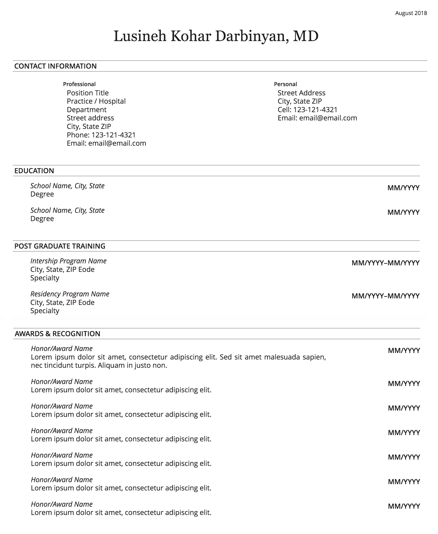 example of physician CV